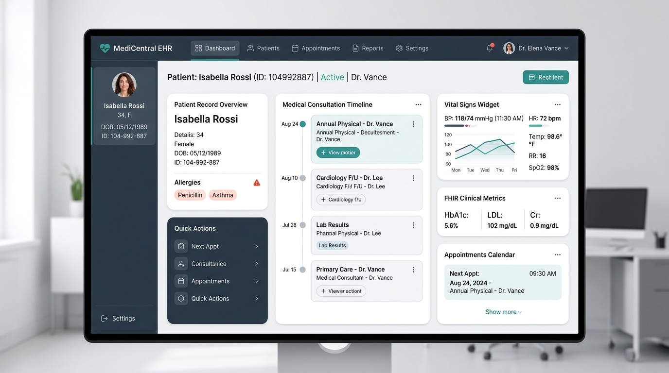 Interface moderna do Prontuário OpenClinic com painel clínico e dados de saúde